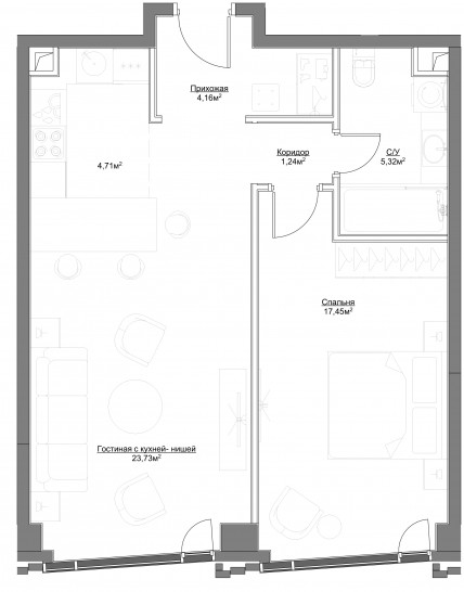 Двухкомнатная квартира 56.61 м²