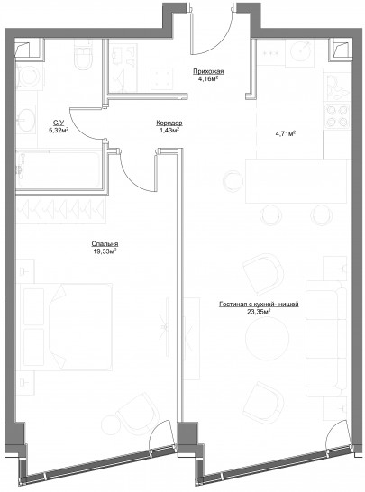 Двухкомнатная квартира 58.3 м²