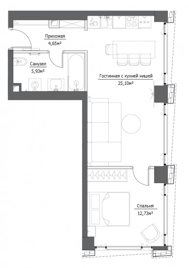 Двухкомнатная квартира 48.41 м²