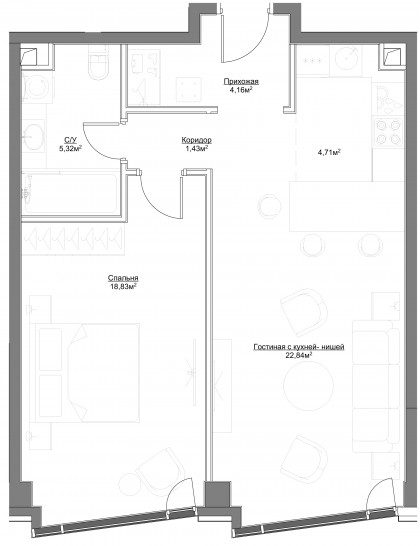 Двухкомнатная квартира 57.29 м²