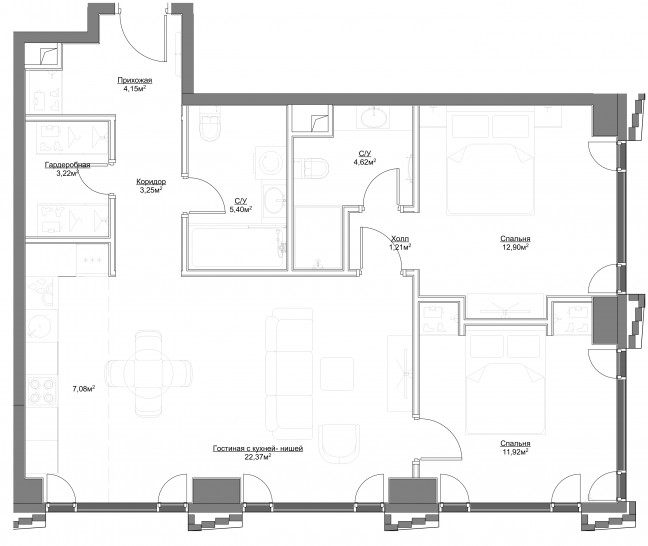 Трёхкомнатная квартира 76.12 м²