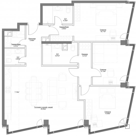 Четырёхкомнатная квартира 108.52 м²