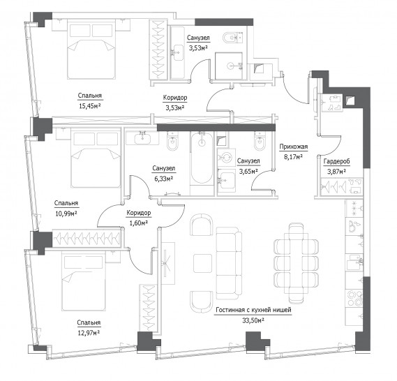 Трёхкомнатная квартира 77.3 м²