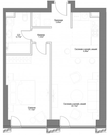 Двухкомнатная квартира 54.04 м²