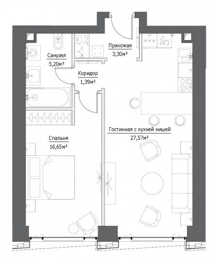 Двухкомнатная квартира 54.11 м²