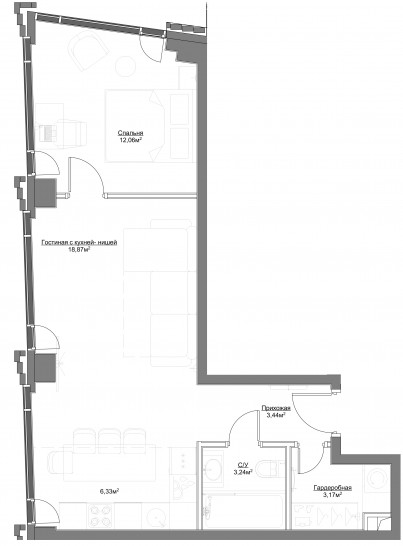 Двухкомнатная квартира 47.11 м²