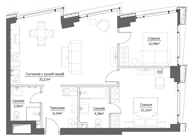 Трёхкомнатная квартира 74.23 м²