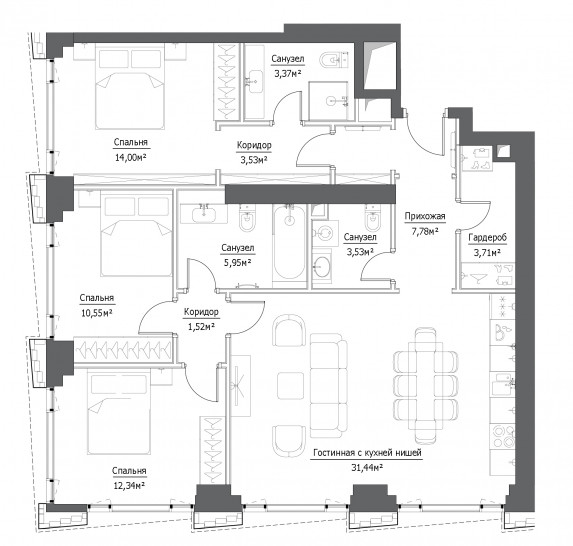 Четырёхкомнатная квартира 97.72 м²