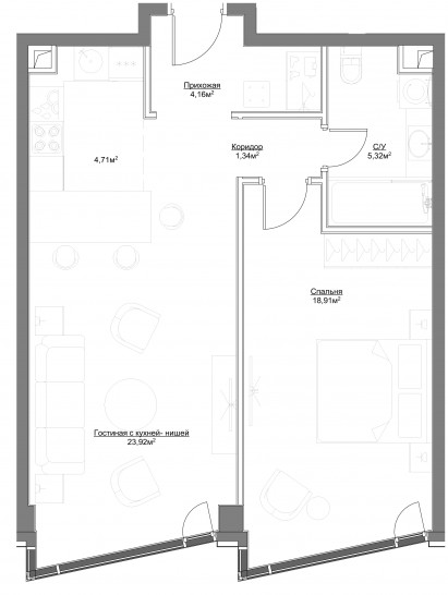 Двухкомнатная квартира 58.36 м²