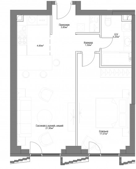 Двухкомнатная квартира 53.94 м²