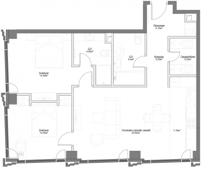 Трёхкомнатная квартира 77.61 м²