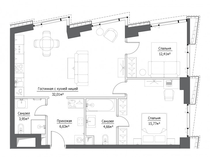 Трёхкомнатная квартира 75.43 м²