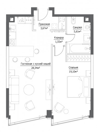 Двухкомнатная квартира 58.27 м²