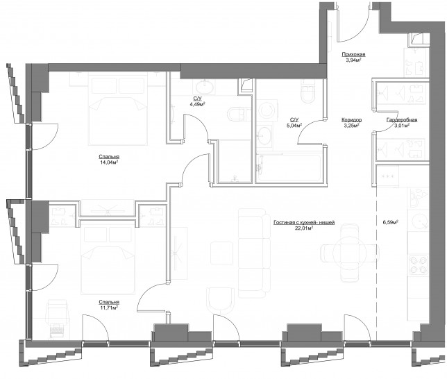 Трёхкомнатная квартира 74.08 м²