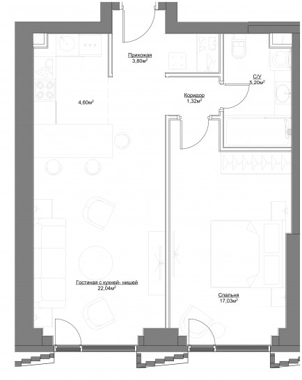 Двухкомнатная квартира 53.99 м²