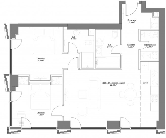 Трёхкомнатная квартира 74 м²