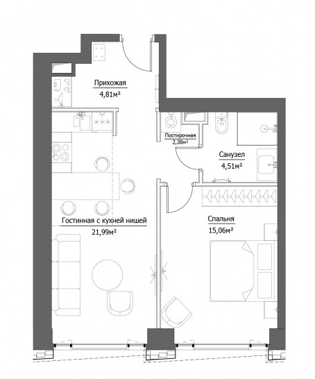 Двухкомнатная квартира 48.75 м²