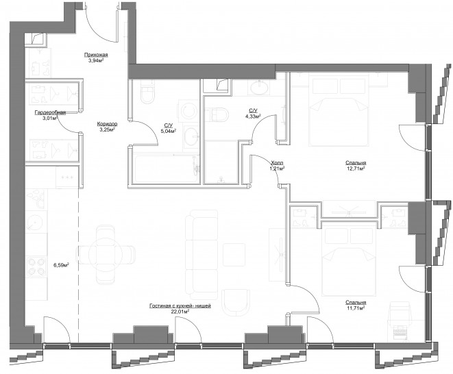 Трёхкомнатная квартира 73.8 м²