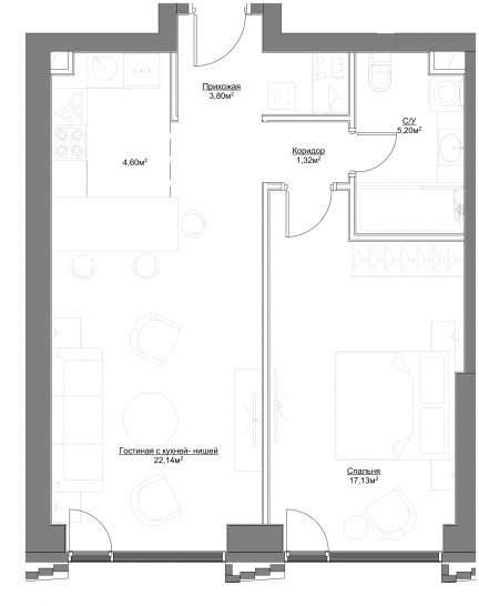 Двухкомнатная квартира 54.19 м²