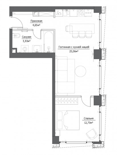 Двухкомнатная квартира 48.34 м²