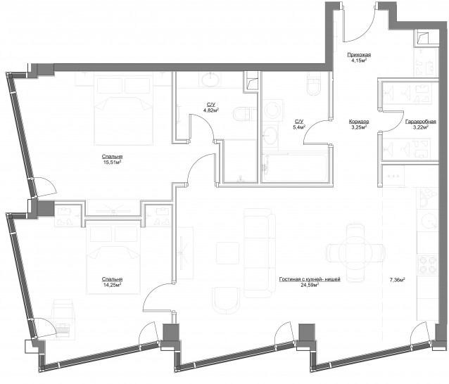 Трёхкомнатная квартира 82.55 м²