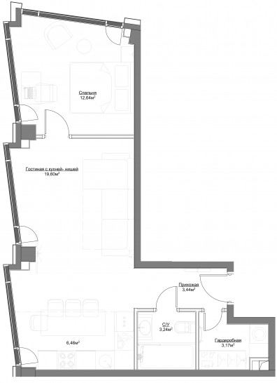 Двухкомнатная квартира 48.55 м²