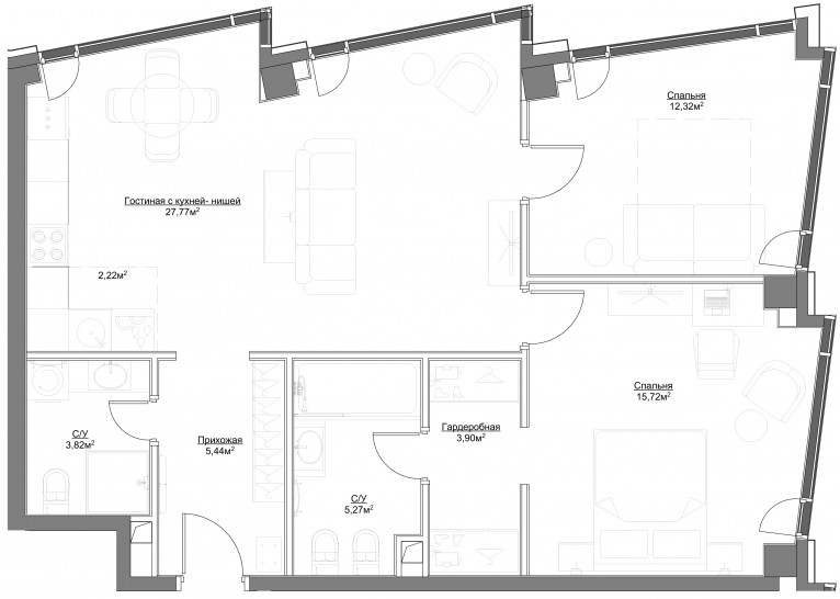 Трёхкомнатная квартира 76.46 м²