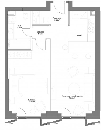 Двухкомнатная квартира 53.94 м²