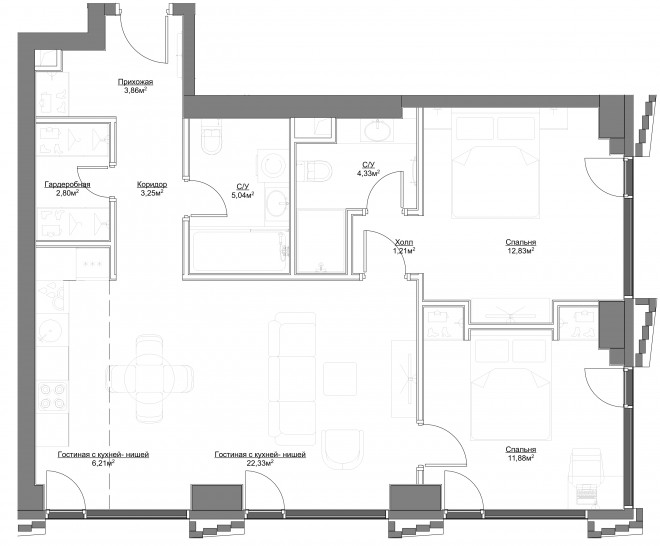 Трёхкомнатная квартира 73.71 м²