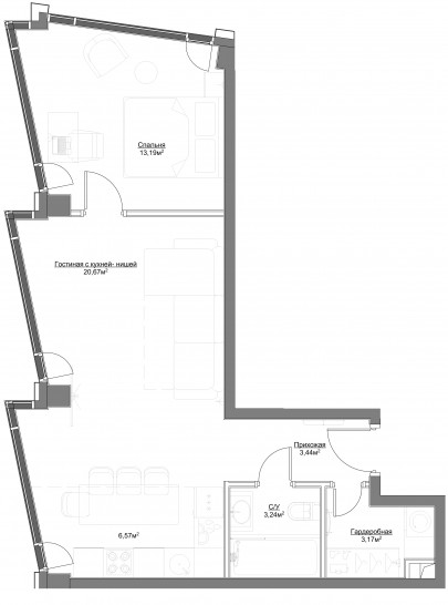 Двухкомнатная квартира 50.28 м²