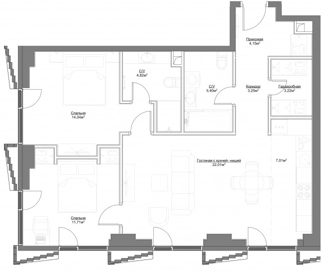 Трёхкомнатная квартира 75.61 м²