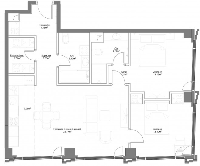 Трёхкомнатная квартира 77.27 м²