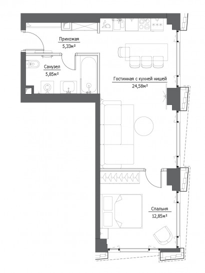 Двухкомнатная квартира 48.61 м²