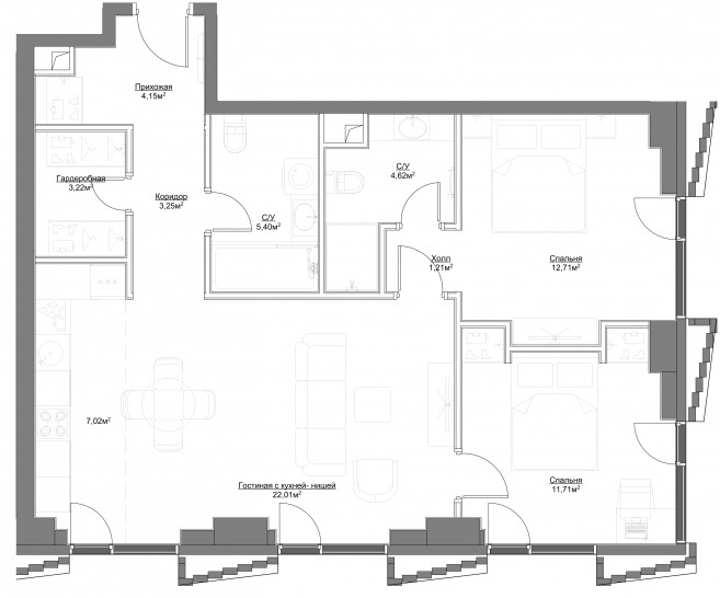 Трёхкомнатная квартира 75.3 м²