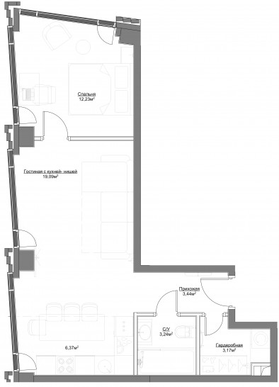 Двухкомнатная квартира 47.54 м²