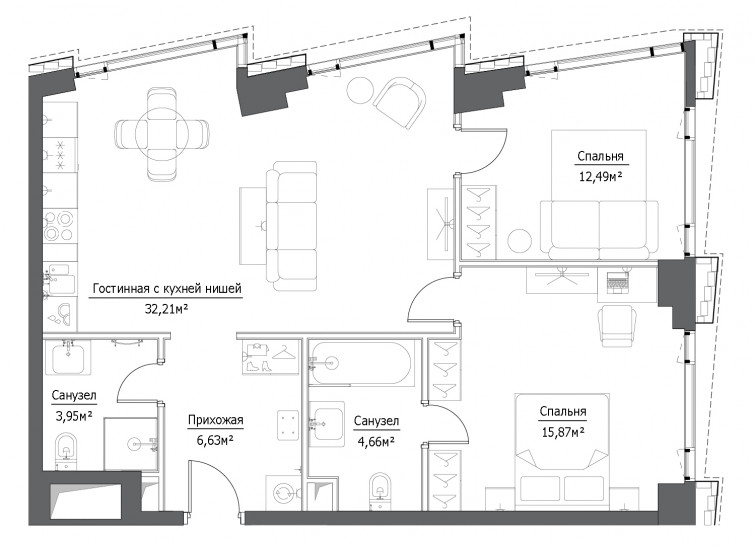 Трёхкомнатная квартира 75.81 м²