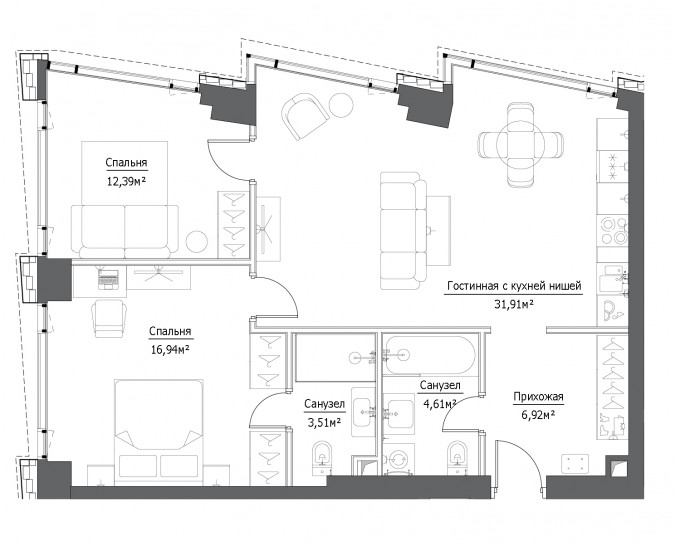 Трёхкомнатная квартира 76.28 м²