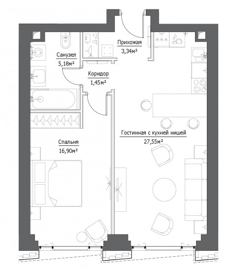 Двухкомнатная квартира 54.18 м²