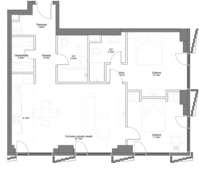 Трёхкомнатная квартира 73.32 м²