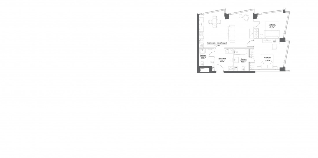 Трёхкомнатная квартира 77.83 м²