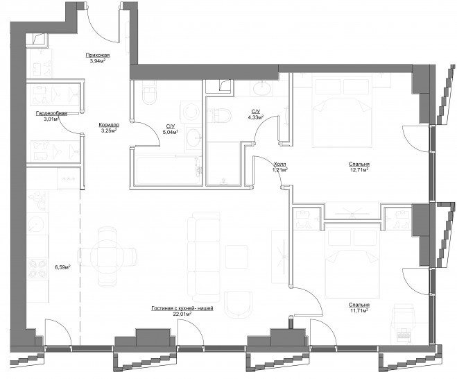 Трёхкомнатная квартира 73.8 м²