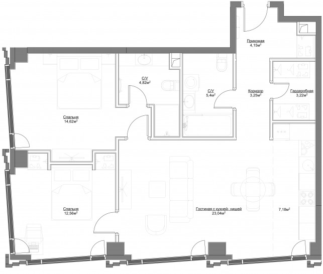 Трёхкомнатная квартира 78.24 м²