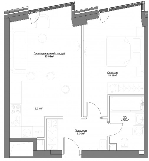 Двухкомнатная квартира 47.8 м²