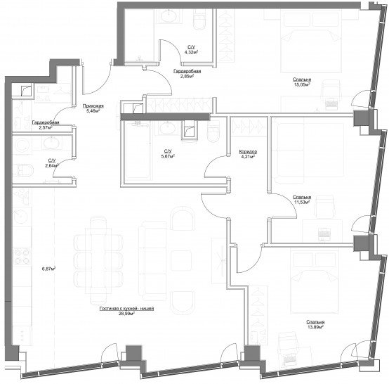 Четырёхкомнатная квартира 104.05 м²