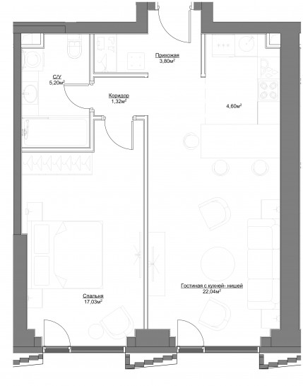 Двухкомнатная квартира 53.99 м²