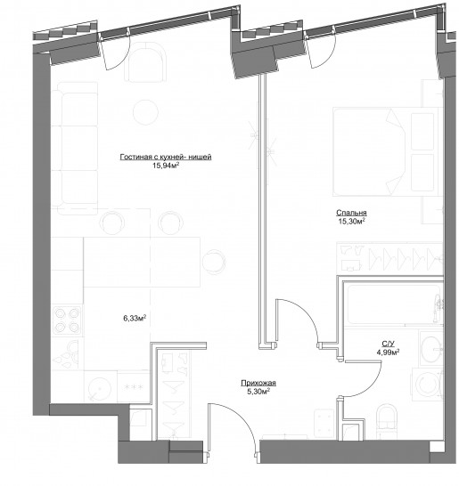 Двухкомнатная квартира 47.86 м²