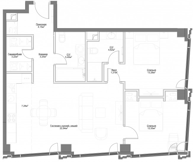 Трёхкомнатная квартира 77.9 м²