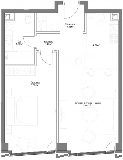 Двухкомнатная квартира 56.62 м²