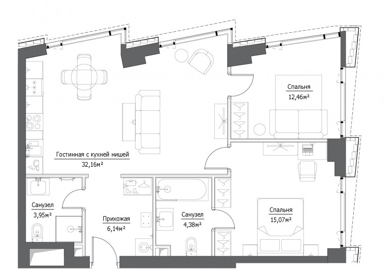 Трёхкомнатная квартира 74.16 м²