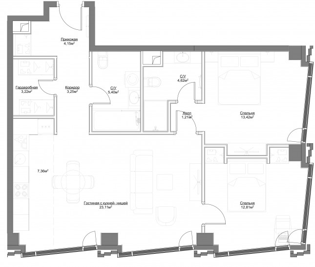 Трёхкомнатная квартира 78.55 м²